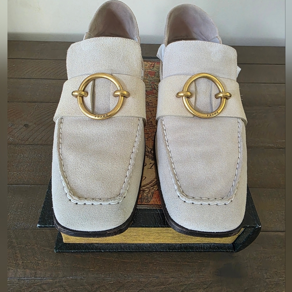 Frame Suede Loafers Horsebit Gold Hardware Beige EU 41 US 10 Slip On Flat